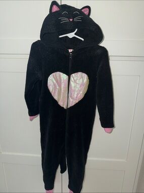Black Cat Hooded Kids One-Piece Footie with Iridescent Heart
